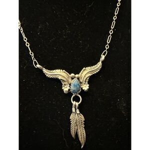 Sadie Randolph Navajo Sterling Silver Turquoise Feather Necklace Signed